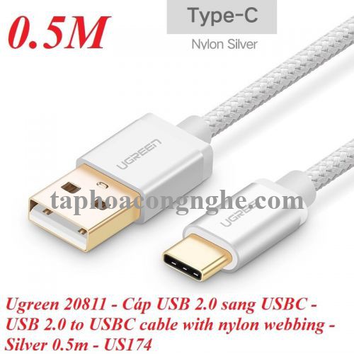 Ugreen 20811 0.5M màu Trắng Dây USB 2.0 sang Type-C đầu nhôm dây bọc vinyl US174 30020811